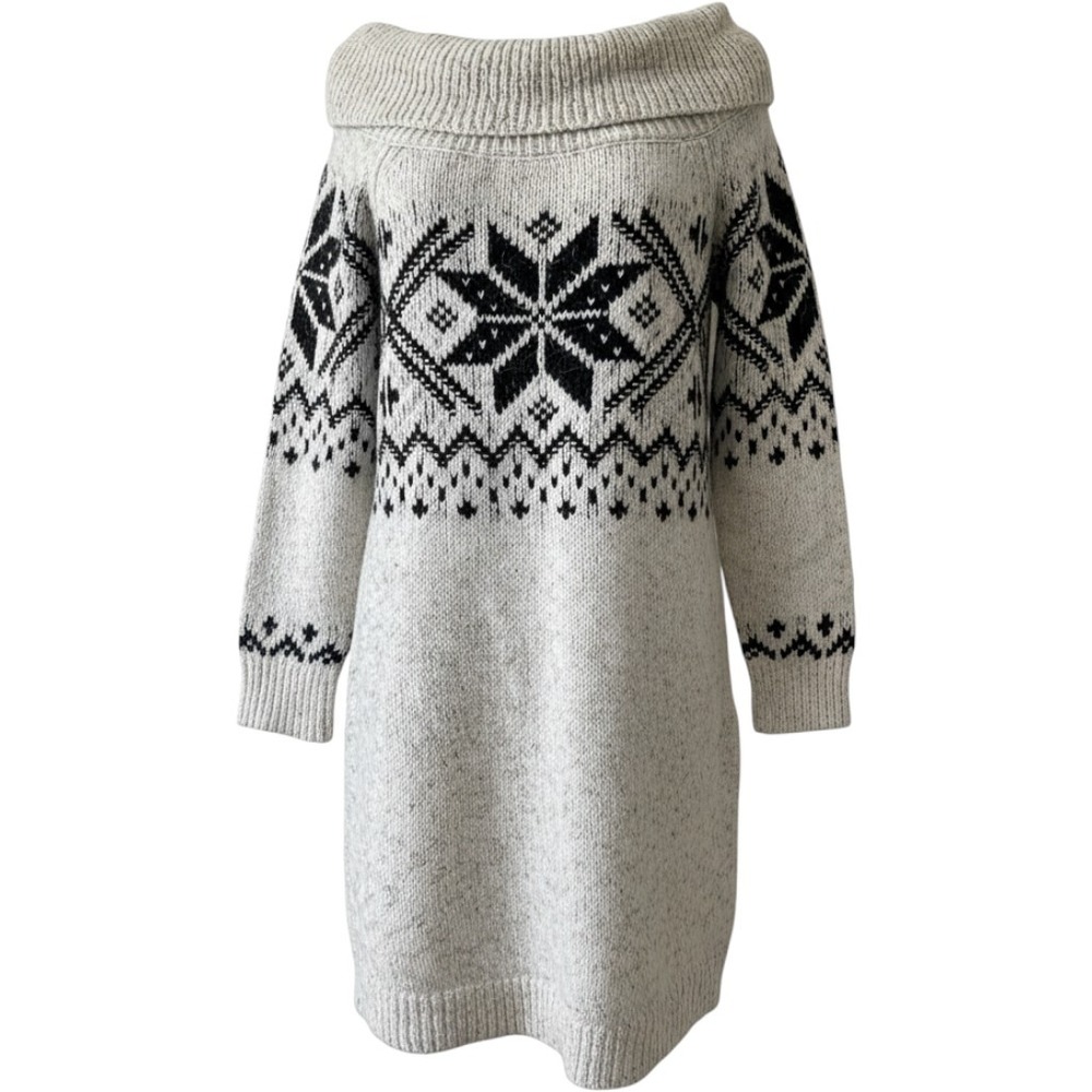 Abercrombie & Fitch Fair Isle Off Shoulder Sweater Dress Oatmeal Black Large